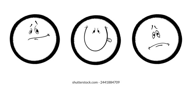 Three graffiti emoticons. Smiling face painted spray paint. Vector illustration on white background