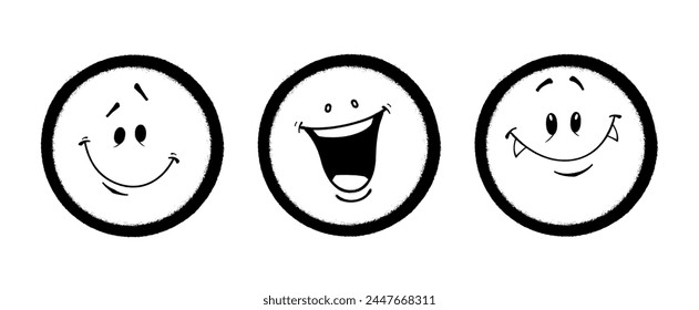 Three graffiti emoticons. Smiling face painted spray paint. Vector illustration on white background
