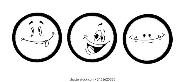 Three graffiti emoticons. Smiling face painted spray paint. Vector illustration on white background