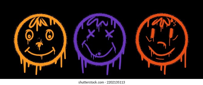 Three graffiti neon emoticons with splash effect and drops. Urban street graffiti style. Print for banner, poster. Vector illustration on black background