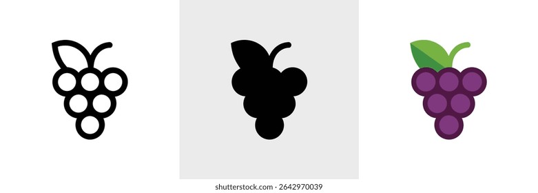 Three grape cluster icons are depicted one line art, one black silhouette, and one colorful graphic illustration, against a stark white backdrop.