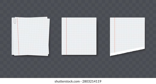 Three graph paper sheets with blue grid red margin lines arranged on transparent checkered background. One sheet clipped with paperclip, one flat, one curled corner