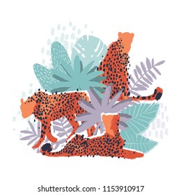 Three graphic cheetahs in different poses surrounded by exotic plants. Vector african art drawn with rough brush in soft colors