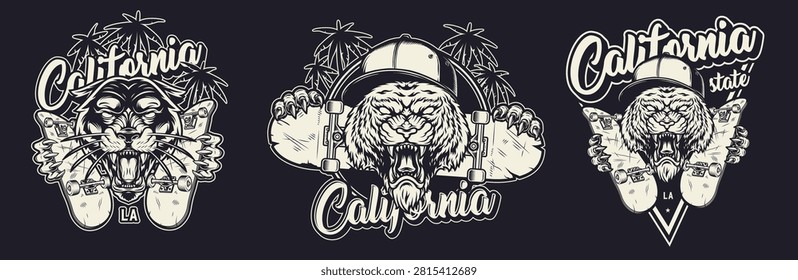Three graphic designs show wild cats with skateboard elements. The designs feature the word California and a palm tree in the background. The style is bold and black and white.