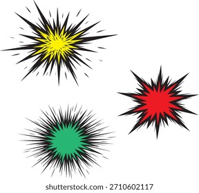 Tres explosiones gráficas en amarillo, rojo y verde con contornos negros afilados sobre un fondo blanco.