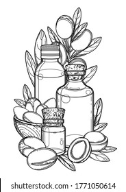 Three graphic oil bottles surrounded by argan plants. Vector botanical design isolated on white background