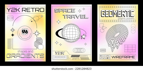 Three graphic posters in Y2K style and geometric elements  frames  wireframe model  planet   decorative symbols 