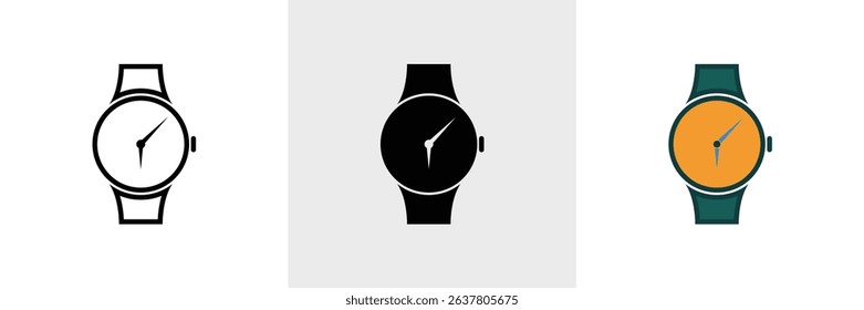 Three graphic representations of wristwatches in different styles a black outline, a solid black silhouette, and a color version with yellow face and green band.