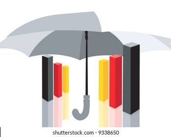 three graphical blocks placed under an umbrella	