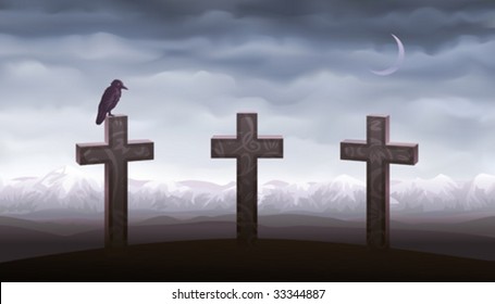 Three graves and a raven sitting on the tombstone (other landscapes are in my gallery)