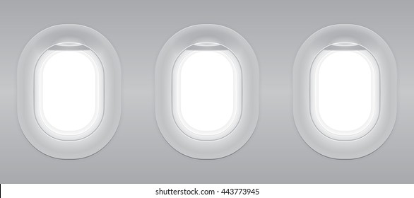 Three gray blank window plane, gray airplane window, gray light template, plain aircraft window white space.