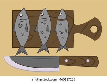 three gray fish lie on a chopping board