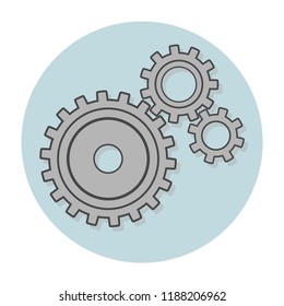 Three gray gears on a blue background with a shadow. White round frame. Flat style. Work, mechanics, settings