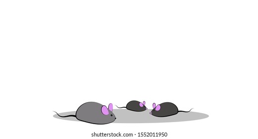 
Three gray mice, rats on a white isolated background with place for writing text, vector illustration for banner, poster