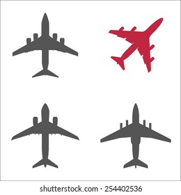 Three gray passenger planes and one red isolated on white background. Silhouette can be used for icons or emblems. Vector illustration for flight and aviation design.
