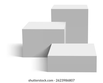 Three gray pedestal podiums of different sizes forming an ascending staircase on white background casting subtle shadows, ideal for product placement or presentations