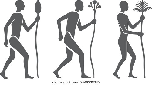 Três silhuetas cinzentas retratam humanos pré-históricos andando enquanto carregam objetos diferentes: uma lança, uma planta e uma fronde de palmeira. O estilo é minimalista e as figuras são representadas em perfil.