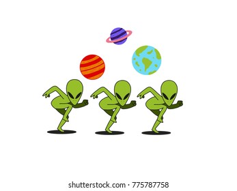 Three green aliens dancing on a background of Earth, Mars and Jupiter planets