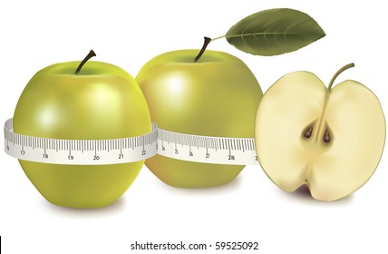 Three green apples measured the meter. Vector.