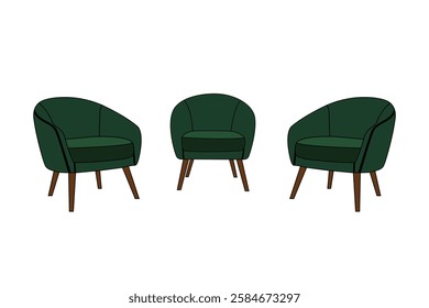 Three green armchairs set comfortable soft furniture vector icon illustration isolated on white background. furniture logo art work for home.