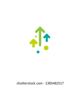 Three Green Arrows Up With Dots On White Background. Launch, Upgraid Icon. Creative Project Start, Business Advance, Breakthrough Sign. Fast Growth Symbol. Speed, Grow Up, Increase