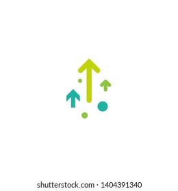 three green arrows up with dots on white background. Launch, upgraid icon. Creative project start, business advance, breakthrough sign. Fast growth symbol. Speed, grow up, increase