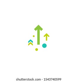 three green arrows up with dots on white background. Launch, upgraid icon. Creative project start, business advance, breakthrough sign. Fast growth symbol. Speed, grow up, increase