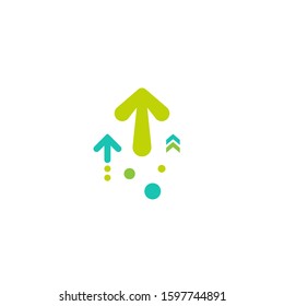 three green arrows up with dots on white background. Launch, upgraid icon. Creative project start, business advance, breakthrough sign. Fast growth symbol. Speed, grow up, increase