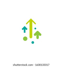 three green arrows up with dots on white background. Launch, upgraid icon. Creative project start, business advance, breakthrough sign. Fast growth symbol. Speed, grow up, increase