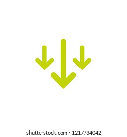 three green arrows down icon. download sign. Fall, decrease symbol  isolated on white. Vector flat button.