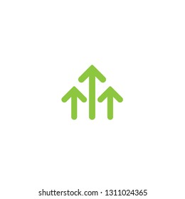 three green arrows up icon. Isolated on white. Upload icon.  Upgrade sign. Growth symbol. North pointing arrow.