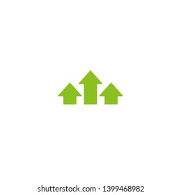three green arrows up icon. Isolated on white. Upload icon.  Upgrade sign. Growth symbol. North pointing arrow.