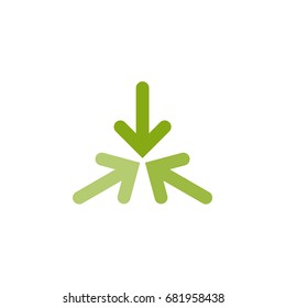 Three Green Arrows Point To The Center In Circle. Triple Collide Arrows Icon. Merge Directions Icon. Vector Illustration. Isolated On White. Bright Green Color.