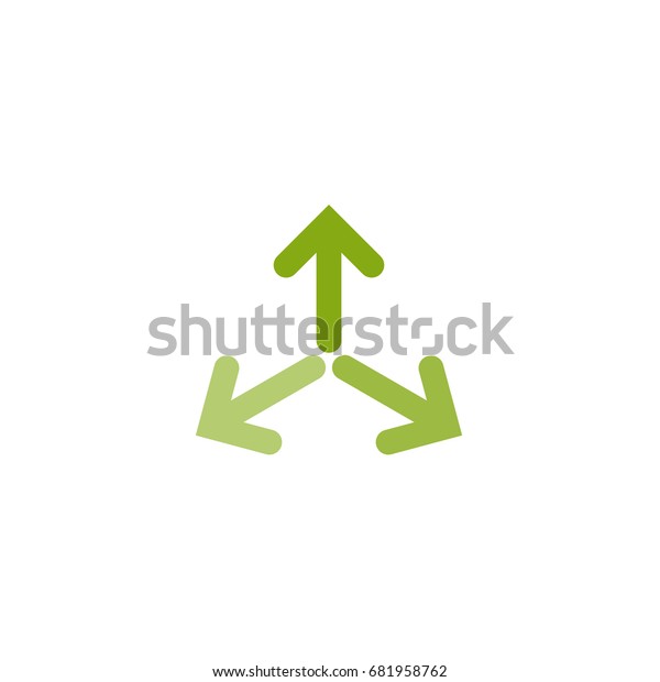Three green arrows point out\
from the center in circle. Expand Arrows icon. Outward Directions\
icon. Vector illustration. Isolated on white. Bright green\
color.