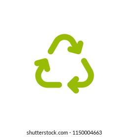 Three green arrows with.  eco recycle icon. eco sign isolated on white. Vector reuse  illustration. Green flat symbol. Leaf ecology circle symbol
