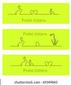 Three green banners with easter bunny, easter eggs, and daffodil in German