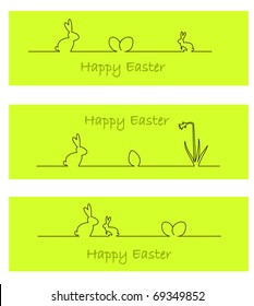 Three green banners with easter bunny, easter eggs, and daffodil