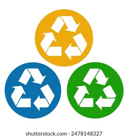 Three green, blue, and yellow recycling symbols on a white backdrop