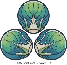 Three green brussels sprouts vegetables in a triangle formation