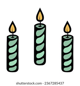 Three green candles. Burning yellow flame of a twisted candle. Decoration for a birthday cake. Color vector illustration. Cartoon style. Isolated background. Idea for web design, invitations, postcard