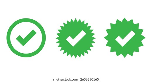 Drei grüne Häkchensymbole in Kreis- und Sternzeichen-Formen auf weißem Hintergrund
