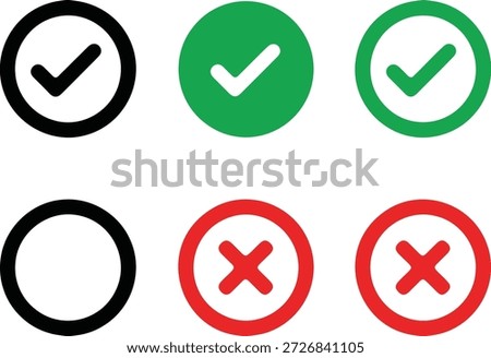 Three Green Check Marks and Three Red Crosses in Circles on White Background