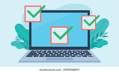 Three green checkmarks on the laptop screen. Vector graphics in flat design. Colorful graphics. Everything marked correctly.