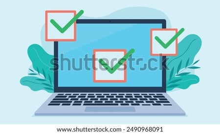 Three green checkmarks on the laptop screen. Vector graphics in flat design. Colorful graphics. Everything marked correctly.