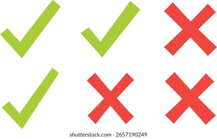 Three green checkmarks and three red crosses isolated on a white background, representing correct and incorrect choices or options.