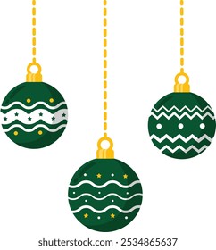 Three Green Christmas Balls With White Tribal Motif Pattern For Christmas Decoration Vector Flat Illustration