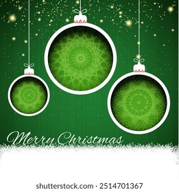 Three green Christmas baubles with intricate designs hang on a green background with sparkling lights. Merry Christmas text at the bottom adds festive cheer. Ideal for holiday greetings, festive