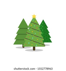 Three green Christmas trees with Christmas decorations. Isolated on white background. Flat style. Vector.