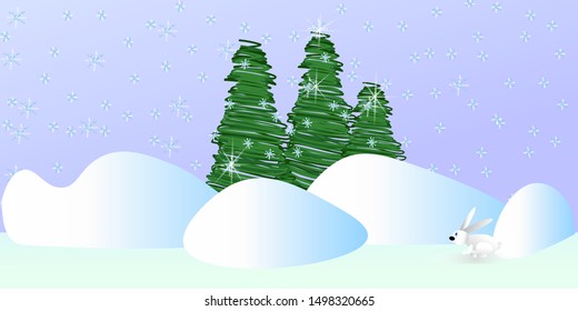 three green Christmas trees drawn by doodles on a gray background with unusual snowflakes and snowdrifts in front of the Christmas trees and a white hare sitting in the snow