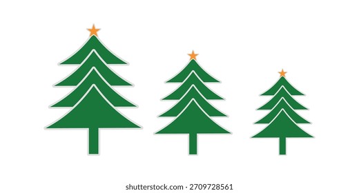 Tres árboles de navidad verdes con estrellas naranjas de vacaciones